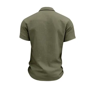 Back view of men's olive green linen short sleeve shirt with a casual loose fit