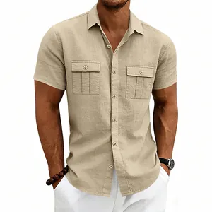 Close-up detail of khaki men's linen short sleeve shirt with two chest cargo pockets