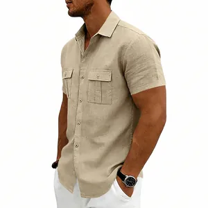 Detailed view of khaki linen short sleeve shirt with two chest pockets for men