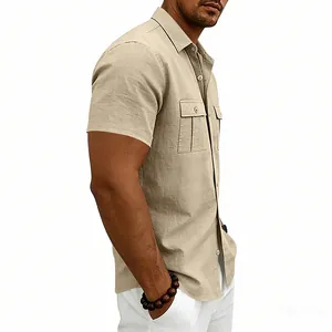Close-up detail of a men's khaki short-sleeved linen cargo shirt with chest pockets