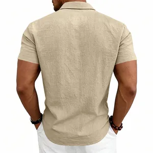 Back view of a men's khaki linen short-sleeve shirt highlighting the fabric texture.