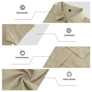 Detailed close-ups of men's linen shirt neck, cuffs, pockets, and breathable fabric texture.