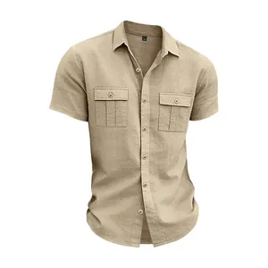 Detailed view of men's khaki linen short sleeve shirt with chest flap pockets