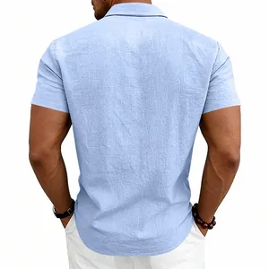 Detailed back view of a men's light blue short sleeve linen shirt with textured finish
