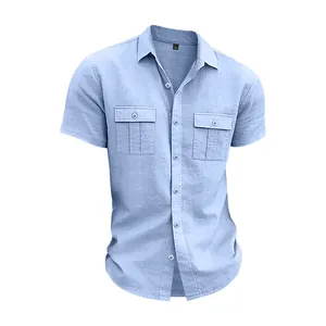 Light blue men's linen short-sleeved work shirt with double chest pockets for summer.