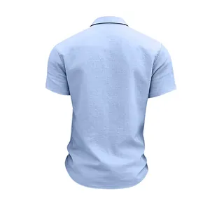 Back view of a light blue men's casual linen short sleeve shirt with textured fabric