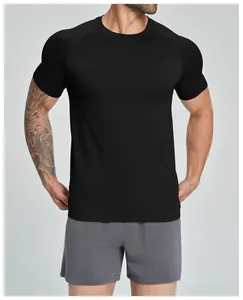 Close-up of a men's black seamless quick-dry athletic t-shirt showing fabric texture.