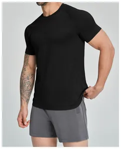 Detail view of men's black seamless athletic t-shirt with breathable mesh texture