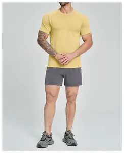 Full view of men's yellow seamless quick-dry athletic t-shirt for fitness and hiking