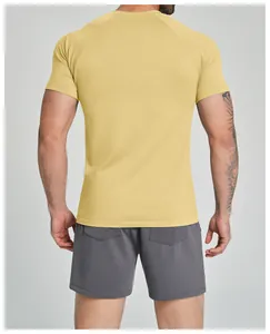 Detailed back view of men's seamless yellow quick-dry breathable sports fitness t-shirt