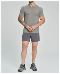 Full view of a men's gray seamless quick-dry fitness t-shirt with athletic fit.