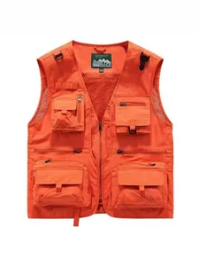 Men's orange multi-pocket outdoor fishing vest with quick-dry mesh and zippers