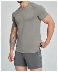 Detail view of men's grey seamless quick-dry sports t-shirt with breathable texture