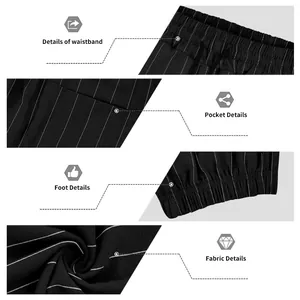 Gros plan détaillé de la taille, des poches et du tissu rayé du pantalon en lin pour homme
