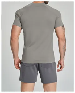 Back view of a men's gray seamless breathable athletic quick-dry short-sleeve t-shirt