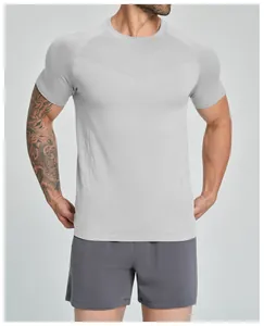 Close-up of a men's light grey seamless quick-dry sports t-shirt for fitness training