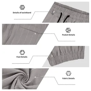 Détails en gros plan du pantalon en lin rayé pour homme avec taille, poche et tissu