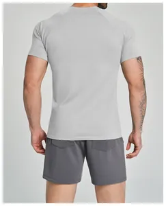 Detailed back view of a men's seamless quick-dry athletic t-shirt in light grey color