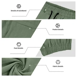 Détails du pantalon en lin rayé pour hommes : taille, poches, chevilles et texture du tissu