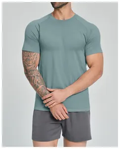 Close-up detail of men's seamless breathable quick-dry sports t-shirt in light blue-grey