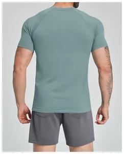 Back view of men's seamless quick-dry athletic t-shirt in sage green with raglan sleeves
