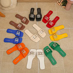 Vibrant multiple colors of women's flat sandals with chain buckle and square toe