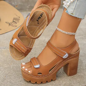 Brown women's platform sandals with chunky heels and adjustable Velcro straps detail view