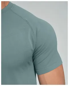 Close-up of seamless quick-dry sports t-shirt fabric and shoulder stitching detail