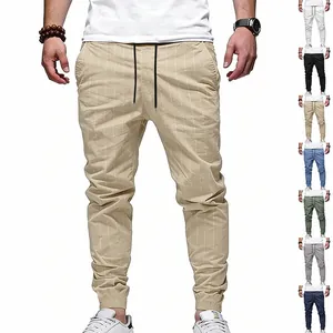 Pantalon Jogger en Mélange de Lin à Rayures pour Hommes Coupe Décontractée Taille à Cordon Tissé Été Léger Respirant
