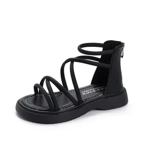 Sandali gladiatore alti da bambina con suole morbide in nero classico