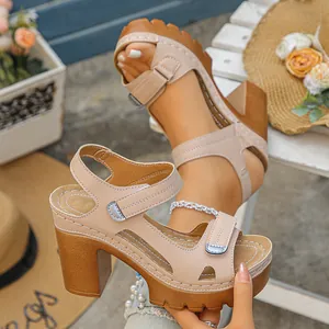 Stylish beige chunky high heel platform sandals with convenient velcro straps for women.