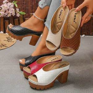 Damen Peeptoe Plateau Pantoletten Gestepptes Kunstleder Hoher Blockabsatz Sommer Einfarbig Lässig Modische Schuhe
