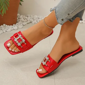 Red flat slides for women with sparkling square rhinestone buckle detail