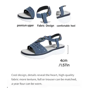 Detail view of blue platform sandals showing 4cm heel height and premium fabric design.