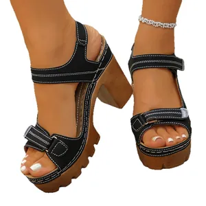 Women's black platform sandals with chunky heels and adjustable hook-and-loop straps