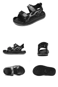 Comprehensive multi-angle view of black children's velcro sports sandals with flame pattern
