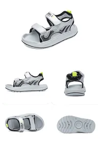 Multi-angle views of grey kids' sports sandals with breathable mesh and velcro straps.