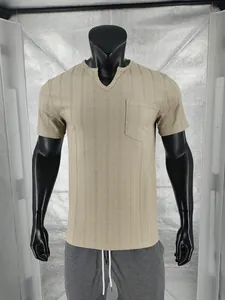 Detail of khaki slub texture fabric on men's V-neck casual short sleeve T-shirt