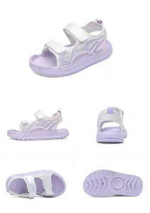 Detailed multi-angle views of purple and white kids sports sandals with velcro straps.