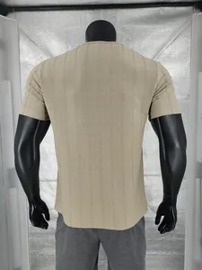 Rear view detail of men's breathable slub texture short sleeve T-shirt in khaki color.