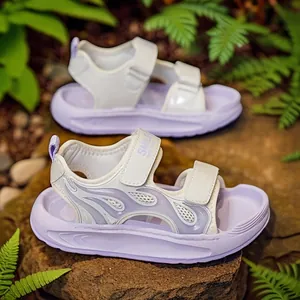 Breathable kids' sports sandals with purple soles and white velcro straps for summer