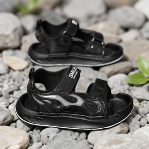 Premium black children's sports sandals with flame design and velcro straps for outdoor summer