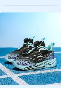 Professional side view of boys athletic shoes with rotary buckle and breathable mesh