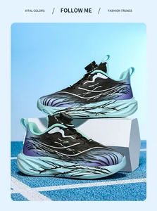 Close-up of boys' basketball shoes with rotary buckle and vibrant gradient pattern