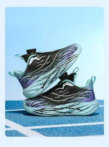 Close-up of children's basketball shoes with rotary buckle in blue and purple gradient