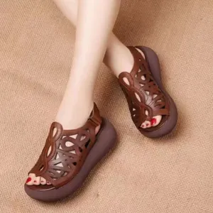 Sandalias de Cuña para Mujer Estilo Étnico Retro Caladas Plataforma Cómoda Impermeable Tacón Medio Zapatos Informales de Cuero PU