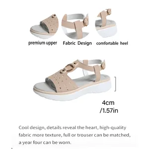 Detailed features of beige women platform sandals showing 4cm heel height and strap buckle