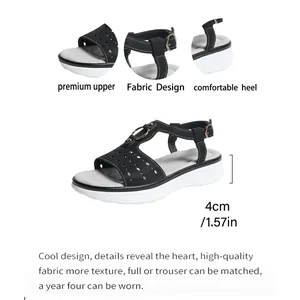 Detailed macro view showing the premium fabric and comfortable 4cm wedge heel of the sandal