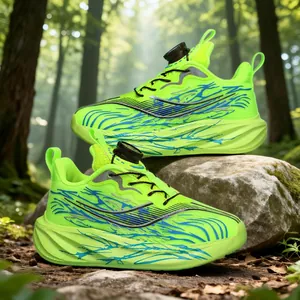 Neon green boys sports shoes with rotary buckle for kids in forest setting