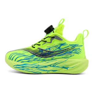 Neon green kids basketball shoes with rotary buckle closure and breathable mesh upper